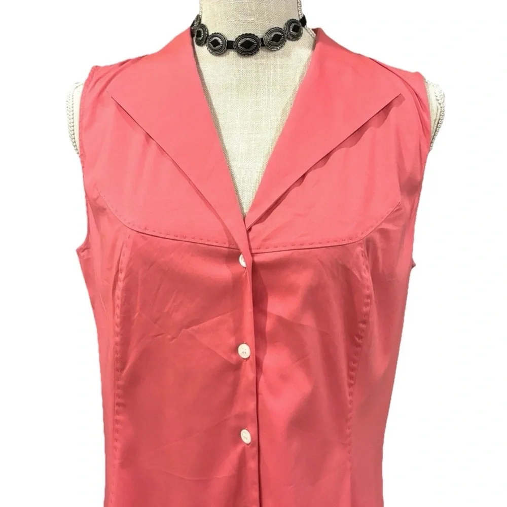 NEW LAFAYETTE 148 NY 8 MEDIUM SLEEVELESS COTTON STRETCH SHIRT CORAL STITCH YOKE - Picture 4 of 11